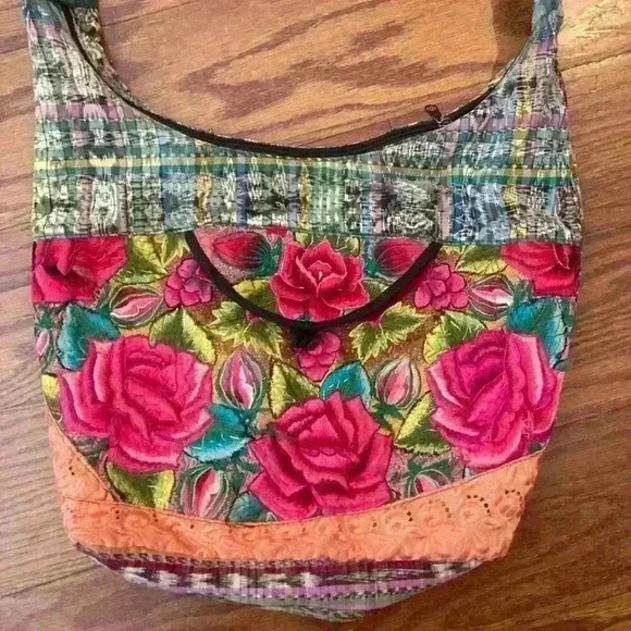 Tapestry Floral Embroidered Boho Ethnic Plaid Hobo Purse Slouchy Shoulder Bag - Picture 6 of 11